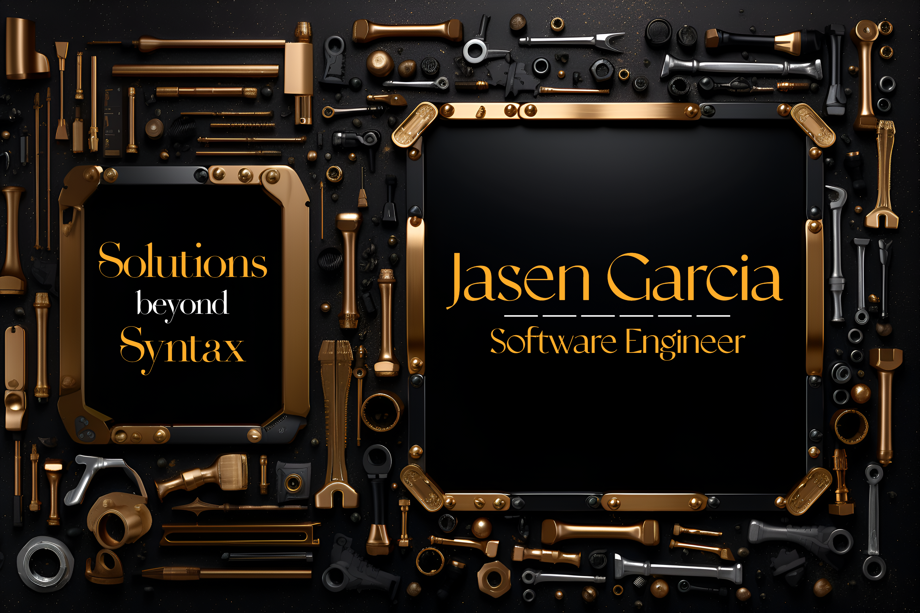 Left: 'Solutions beyond Syntax'. Right: 'Jasen Garcia — Software Engineer'.